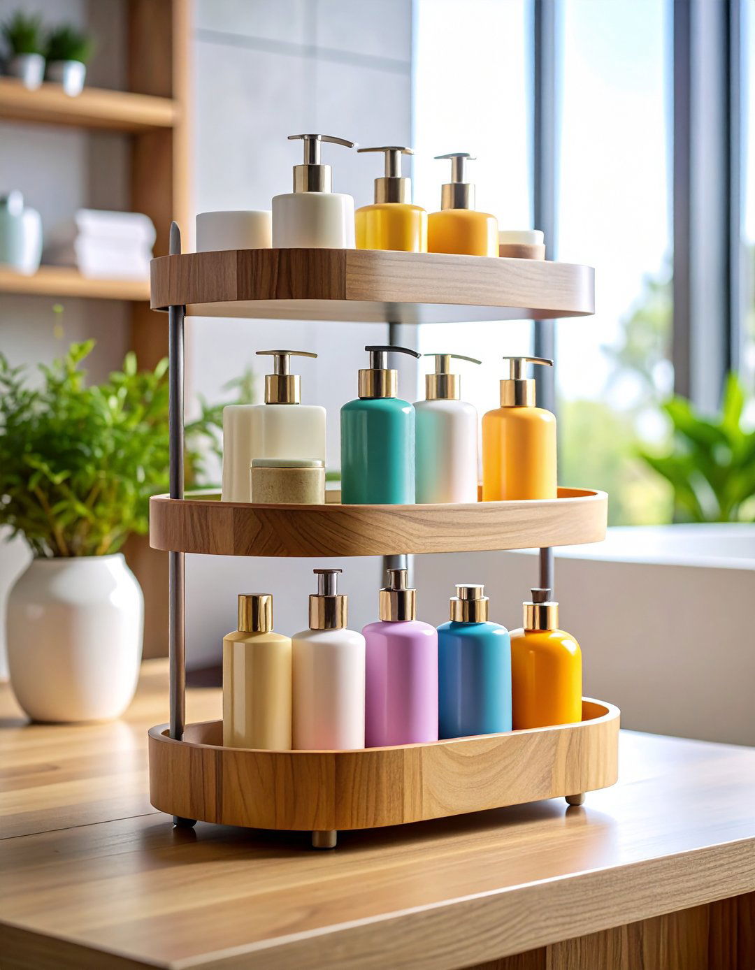 A Lazy Susan Makes Bottles Spin into View - 20 Bathroom Cabinet Organization Ideas