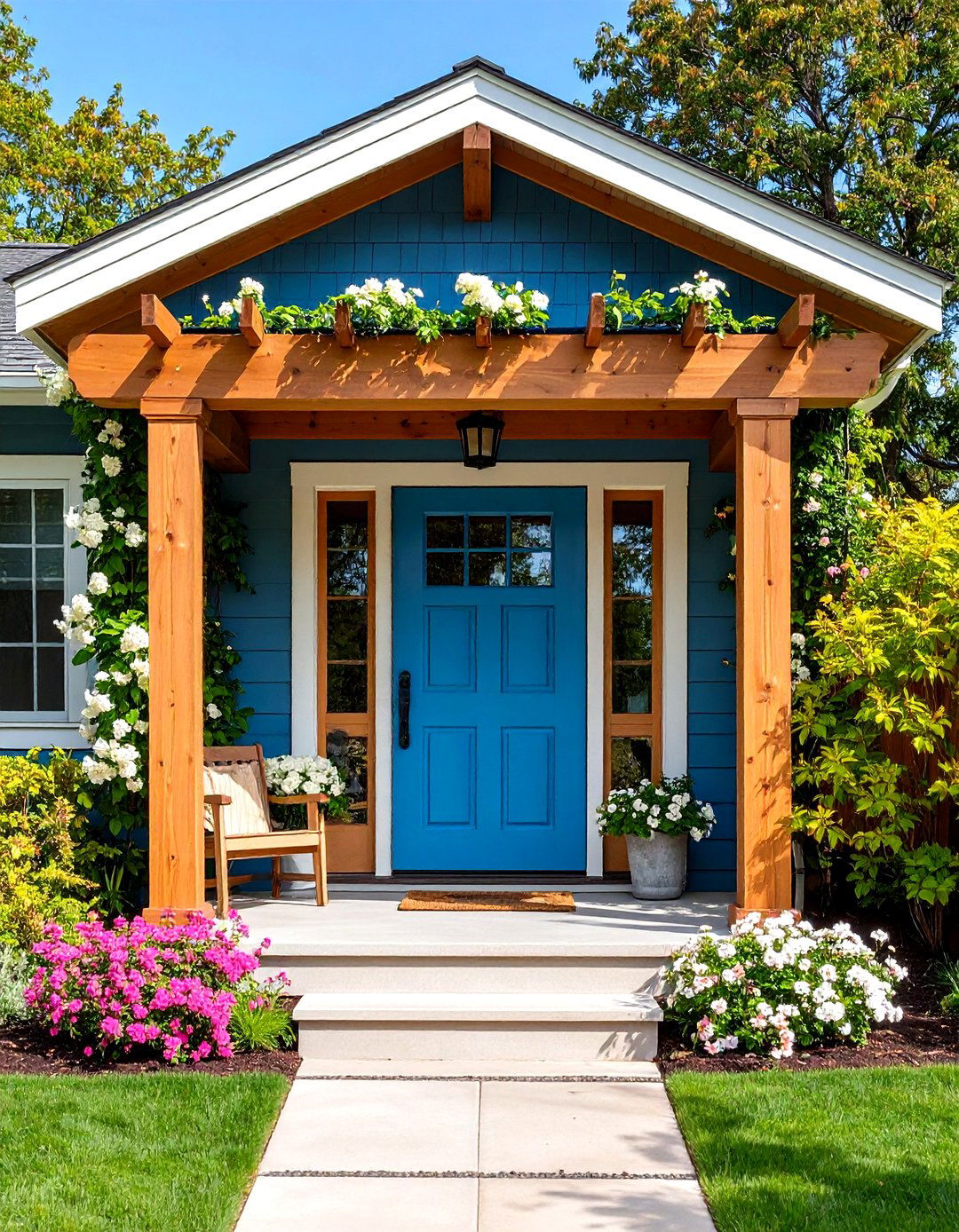 A Slim Pergola or Awning Filters Sight Lines - 20 Front Door Privacy Ideas