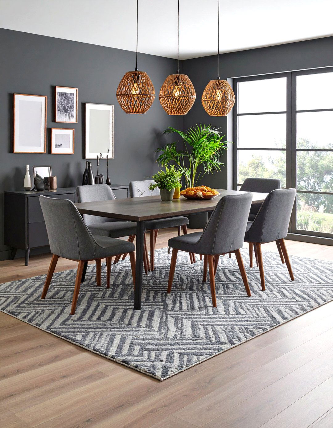A Textured Gray Rug Grounds the Gray Dining Room - 20 Gray Dining Room Ideas