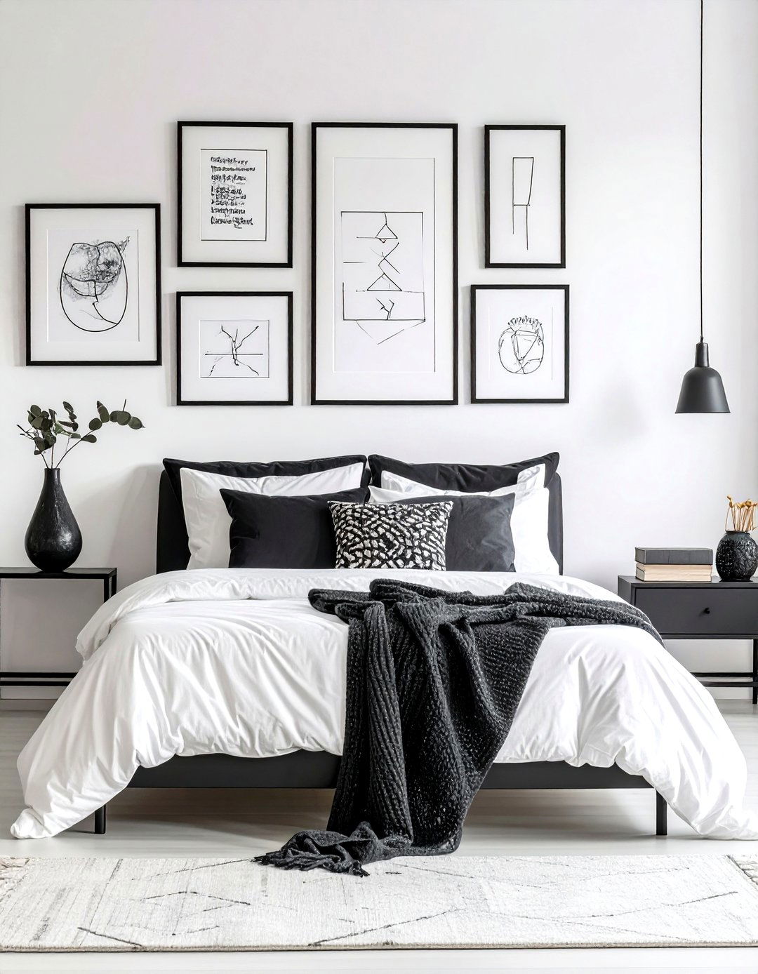 Abstract Art Gallery Wall Adds Personality - 20 Feminine Black and White Bedroom Ideas