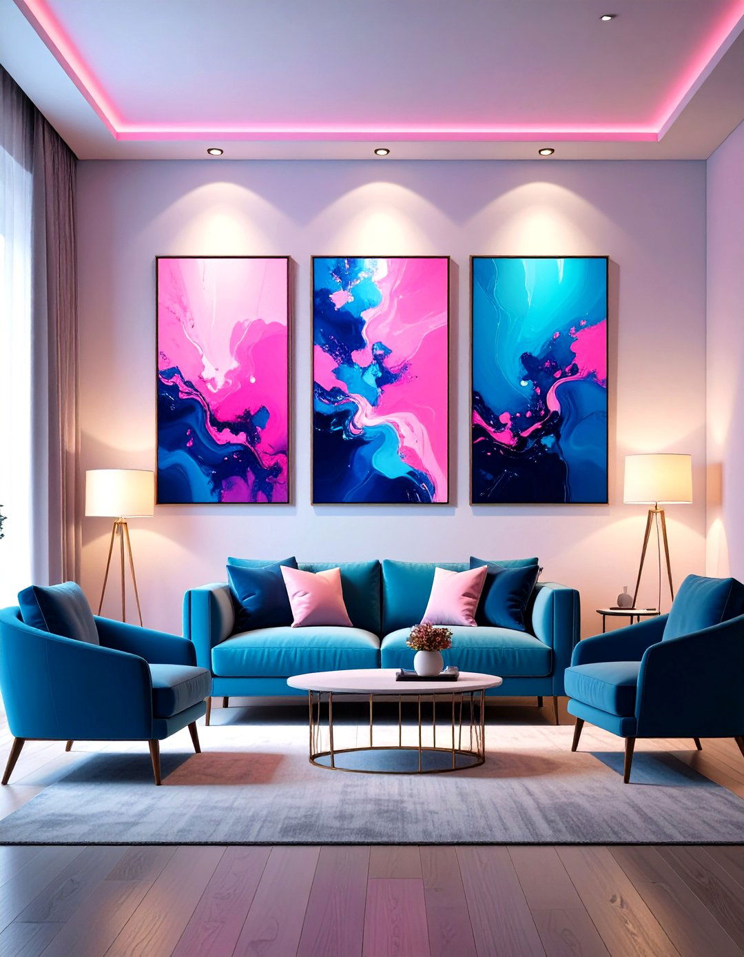 Abstract Art Gallery Wall - 20 Pink and Blue Living Room Ideas