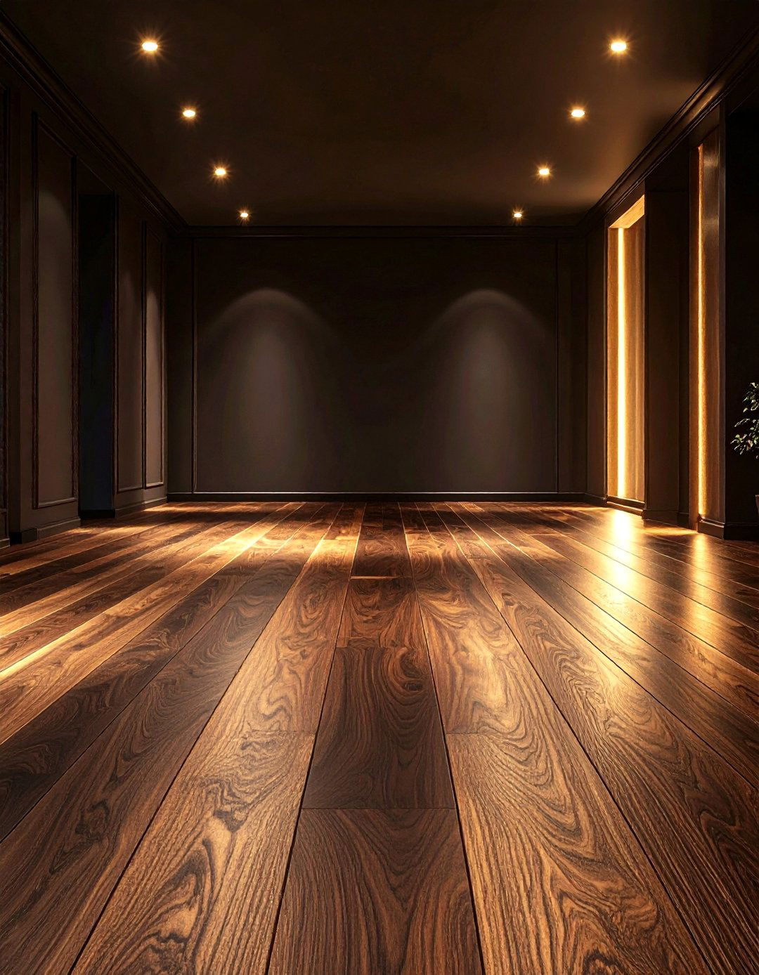 Accent Lighting Highlights a Dark Walnut Floors Grain at Night - 20 Dark Walnut Floors for Rooms