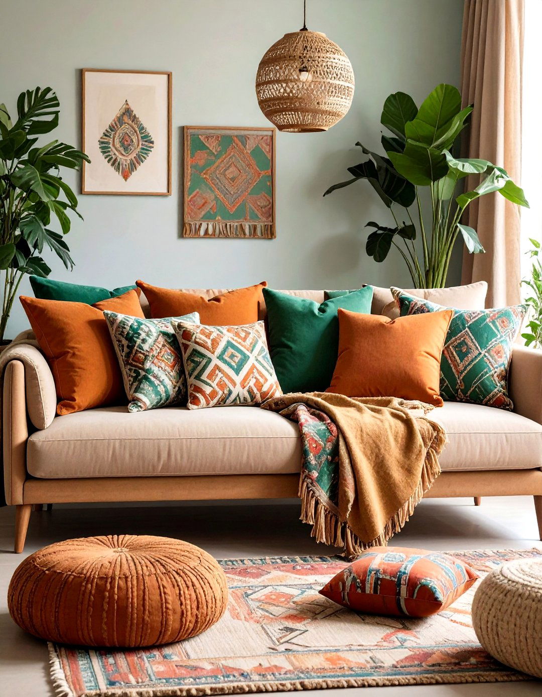 Accent With Bold Throw Pillows on a Beige Couch - 20 Beige Couch Living Room Ideas