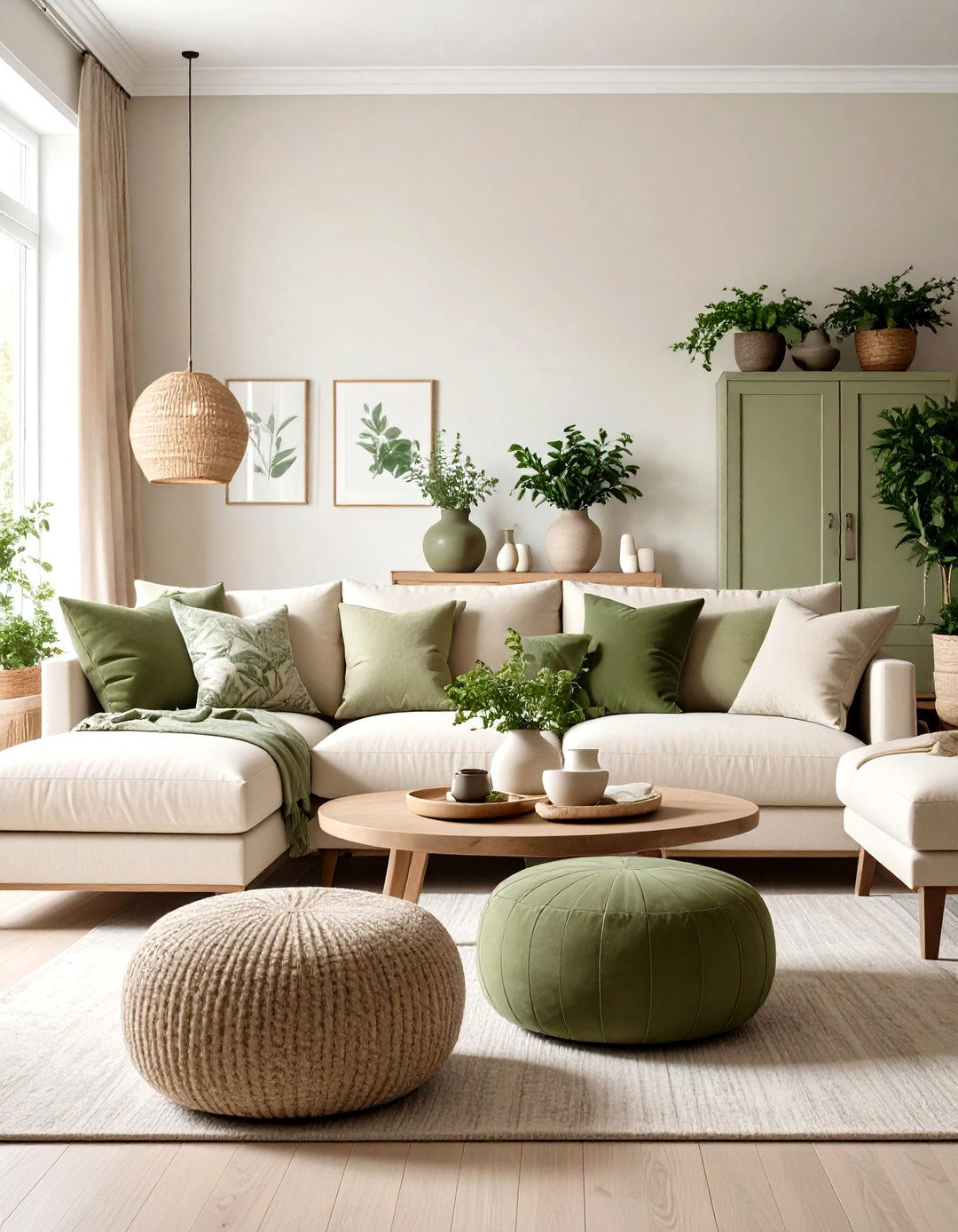 Accent with Sage or Olive for Organic Calm - 20 Cream Living Room Ideas