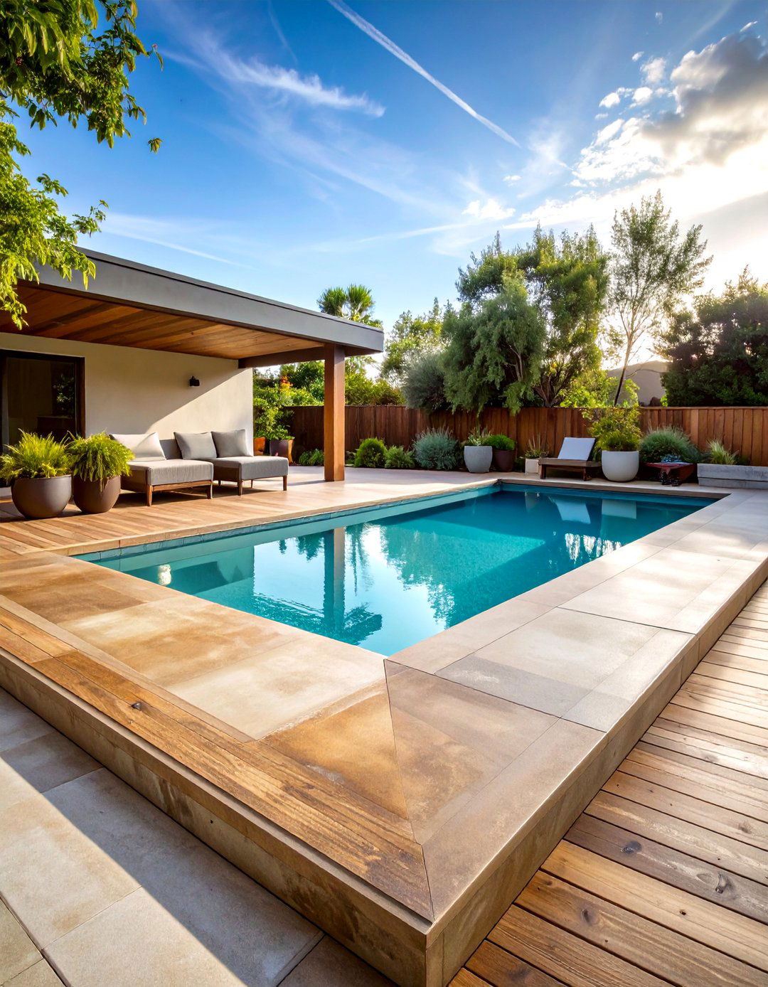 Acid Stained Concrete Pool Deck with Earth Tones - 20 Concrete Pool Deck Ideas