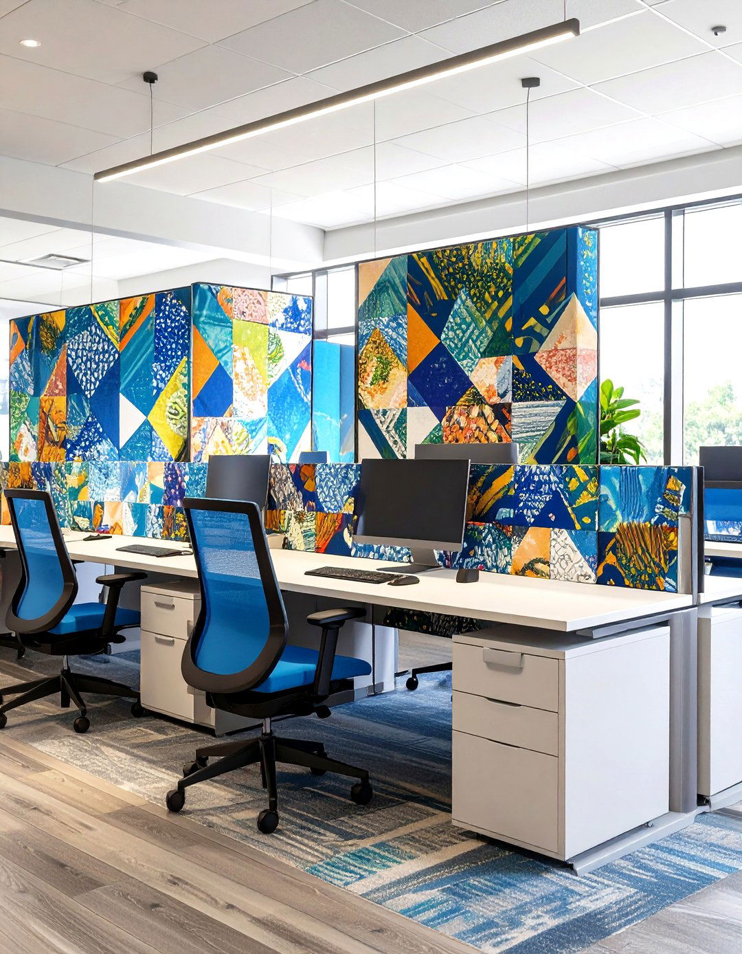 Acoustic Cubicle Panels Wrapped in Fabric Art - 20 Cubicle Decor Ideas