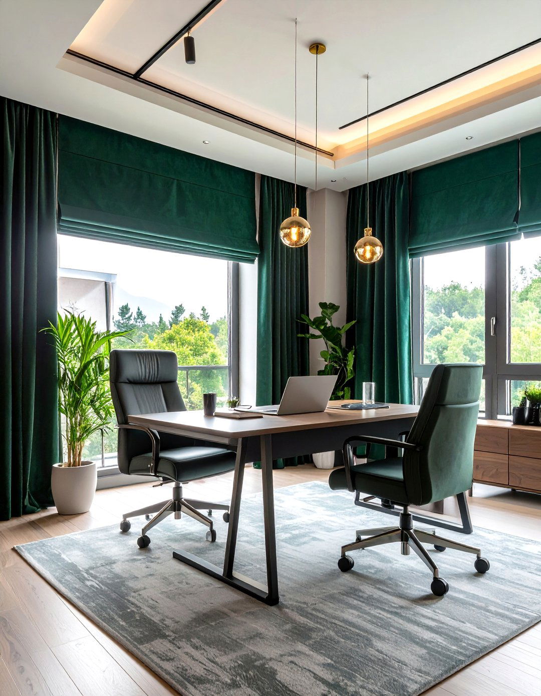 Acoustic Velvet Drapes in Matching Green - 20 Dark Green Office Ideas and Inspiration