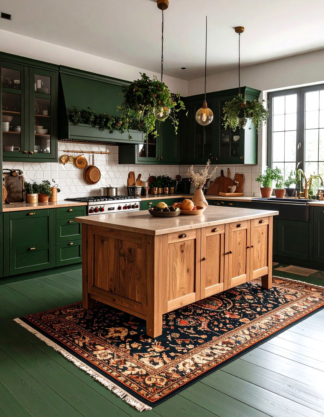 Add Character with Vintage Rugs Against Forest Green Floors - 20 Forest Green Kitchen Ideas