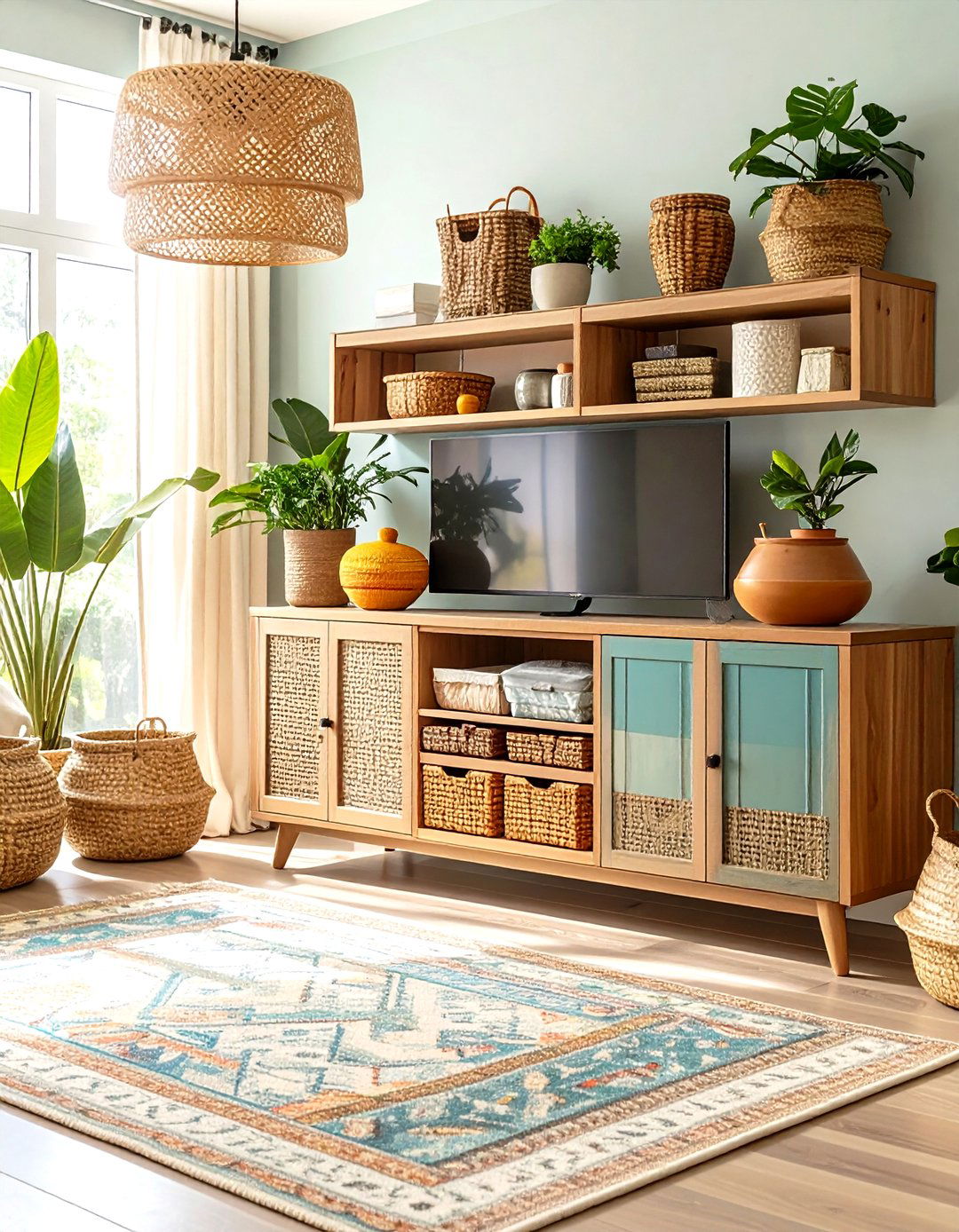 Add Functional Storage with Stylish Bins - 20 Tv Console Decor Ideas