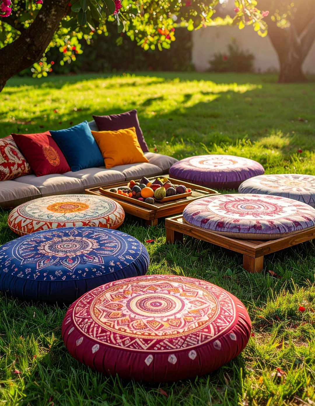 Add Oversized Mandala Floor Cushions - 20 Boho Garden Ideas