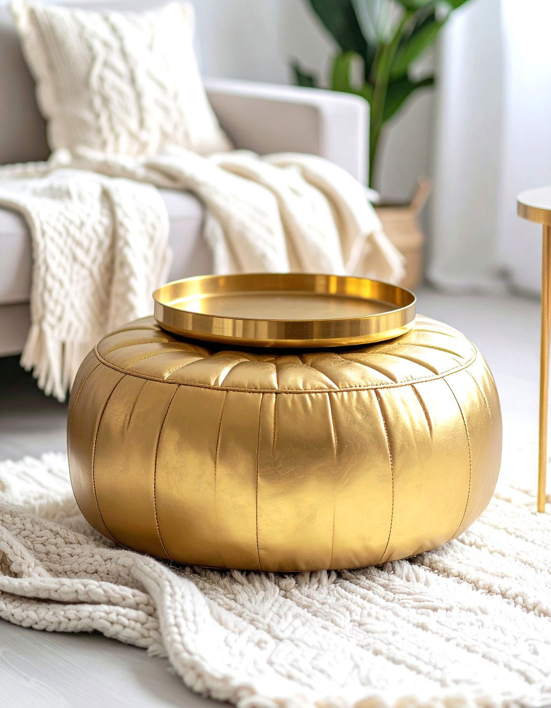 Add Portable Shine With Metallic Poufs and Trays - 20 Cream and Gold Living Room Ideas