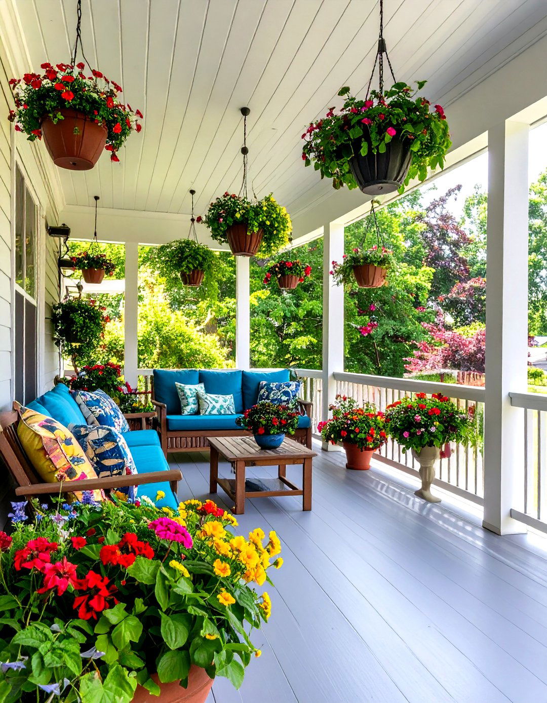 Add Vibrant Planters and Hanging Baskets - 20 Screened-in Porch Ideas