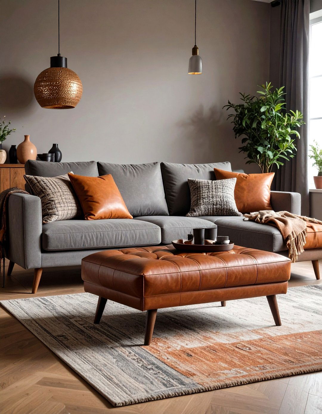 Add Warm Leather Accents Around Your Grey Couch - 20 Grey Couch Living Room Ideas