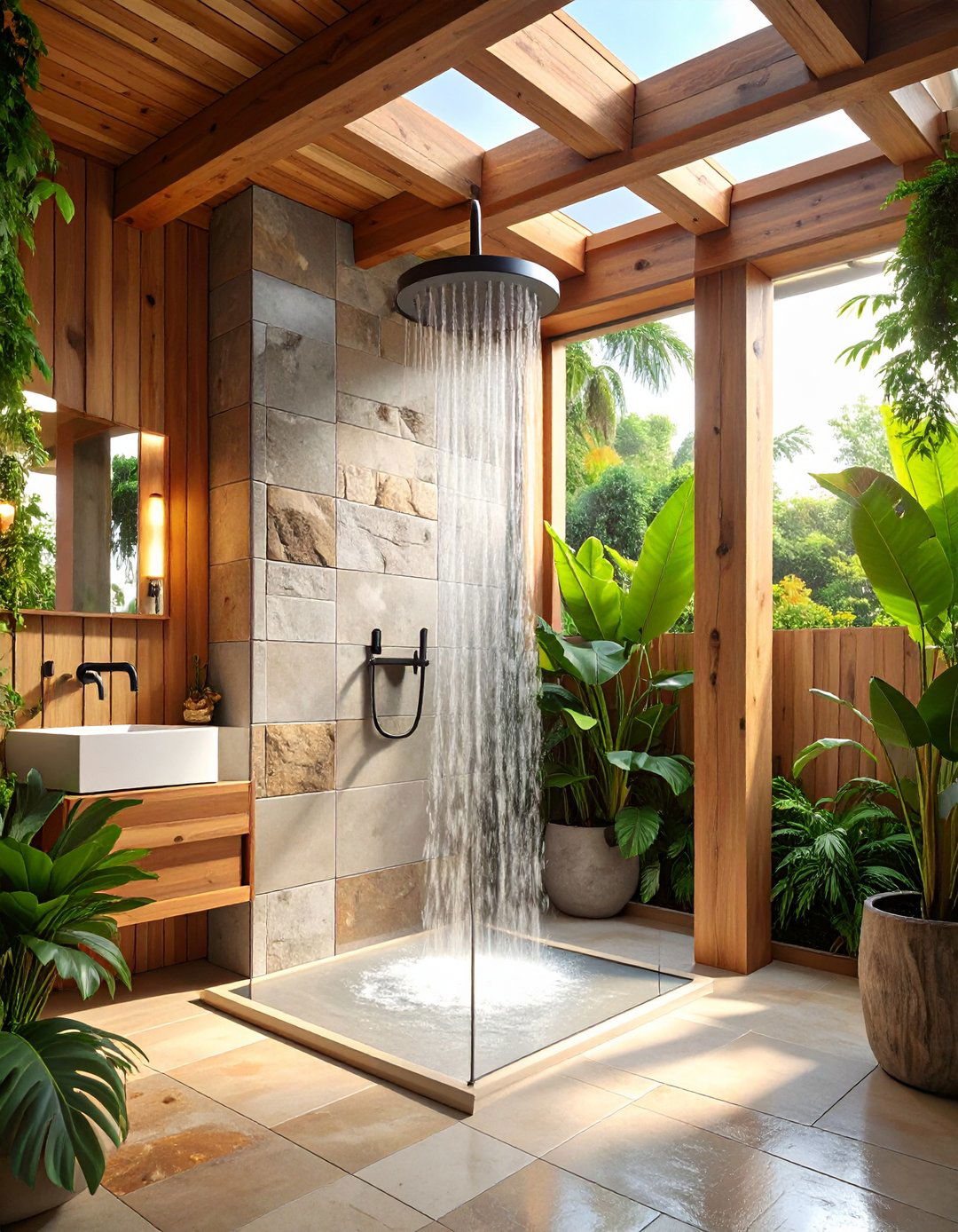Add Wood and Stone for a Balanced Look - 20 Rustic Walk-in Shower Ideas