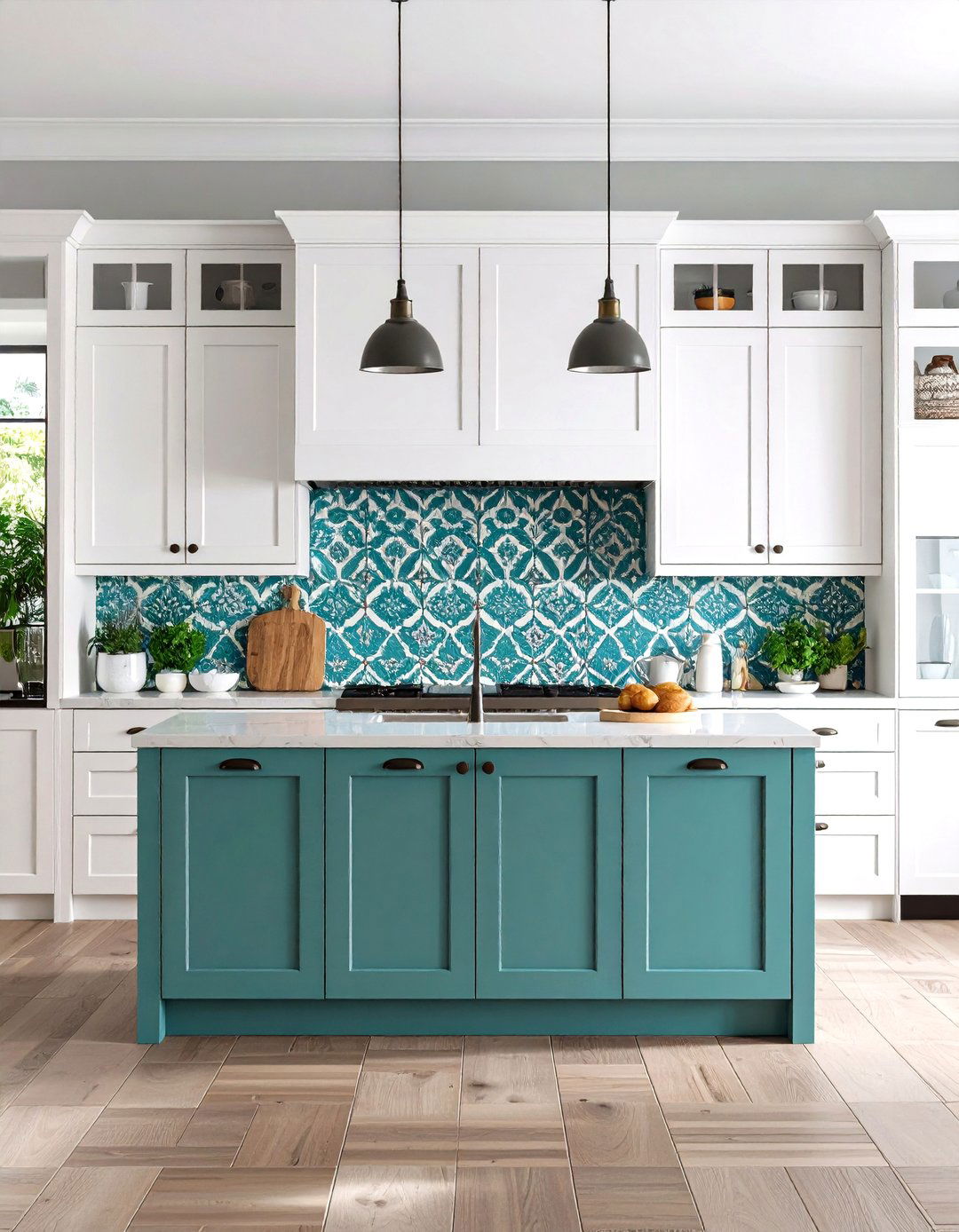 Add a Patterned Teal Runner Rug to Define Spaces - 20 Teal and White Kitchen Ideas