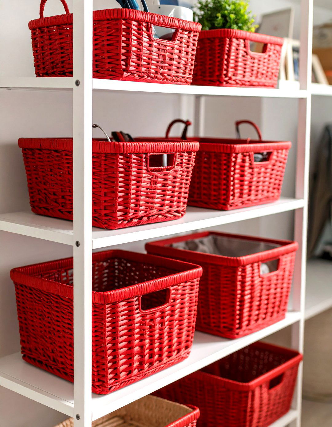 Add a Pop of Unexpected Red with Baskets - 20 Dorm Room Decorating Ideas