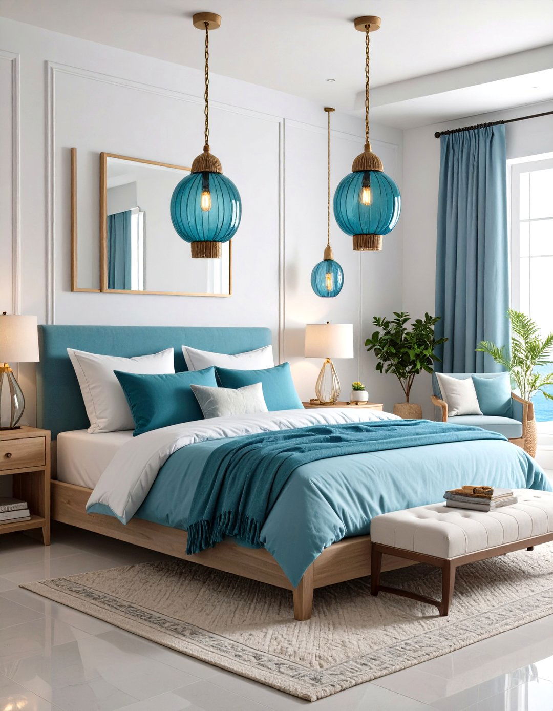 Aegean Blue Pendant Lights Defining a Greek Bedroom Zone - 20 Greek Bedroom Design Ideas