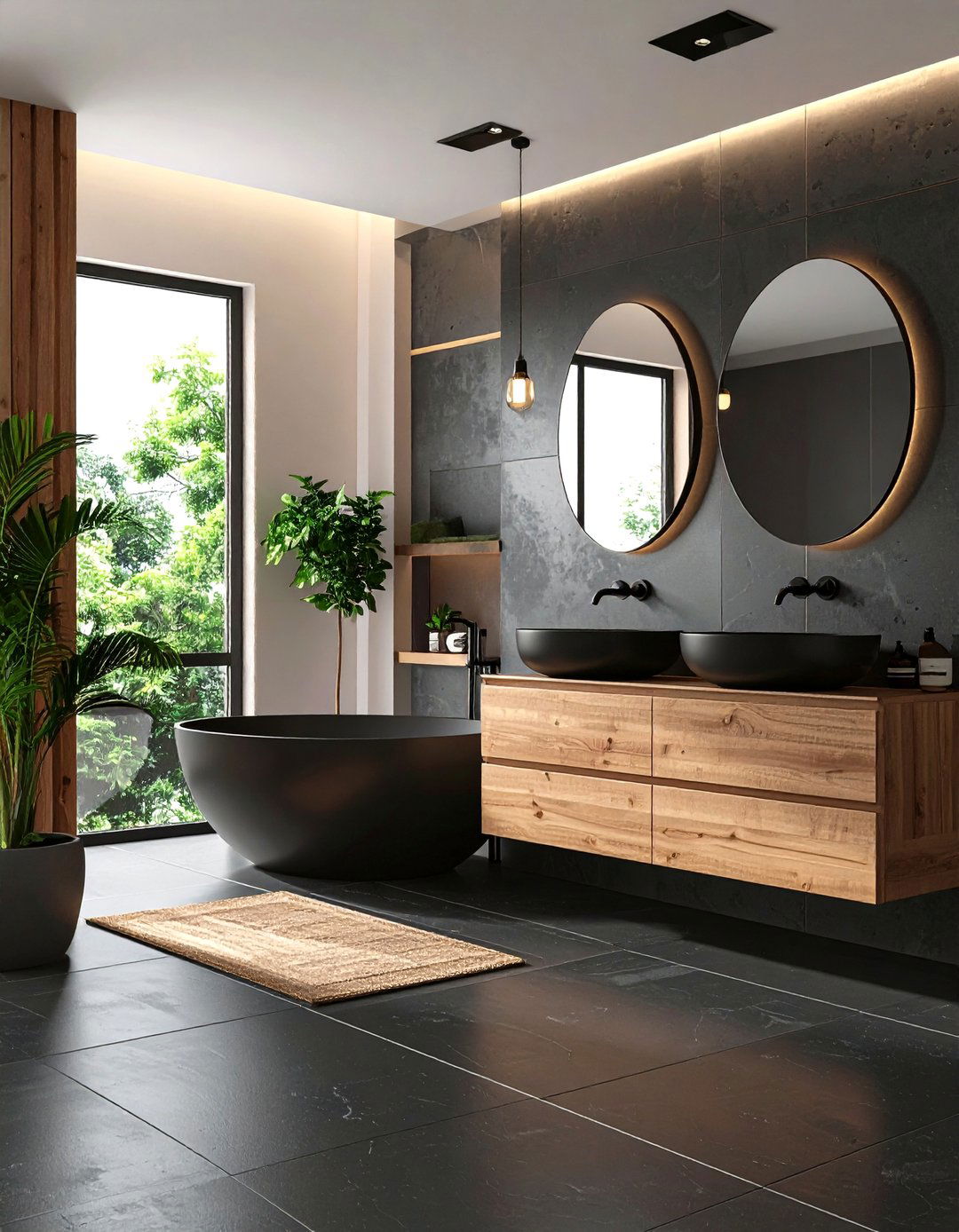 Age Friendly Design Slip Resistant Black Tile and Soft Wood Rails - 20 Black and Wood Bathroom Ideas