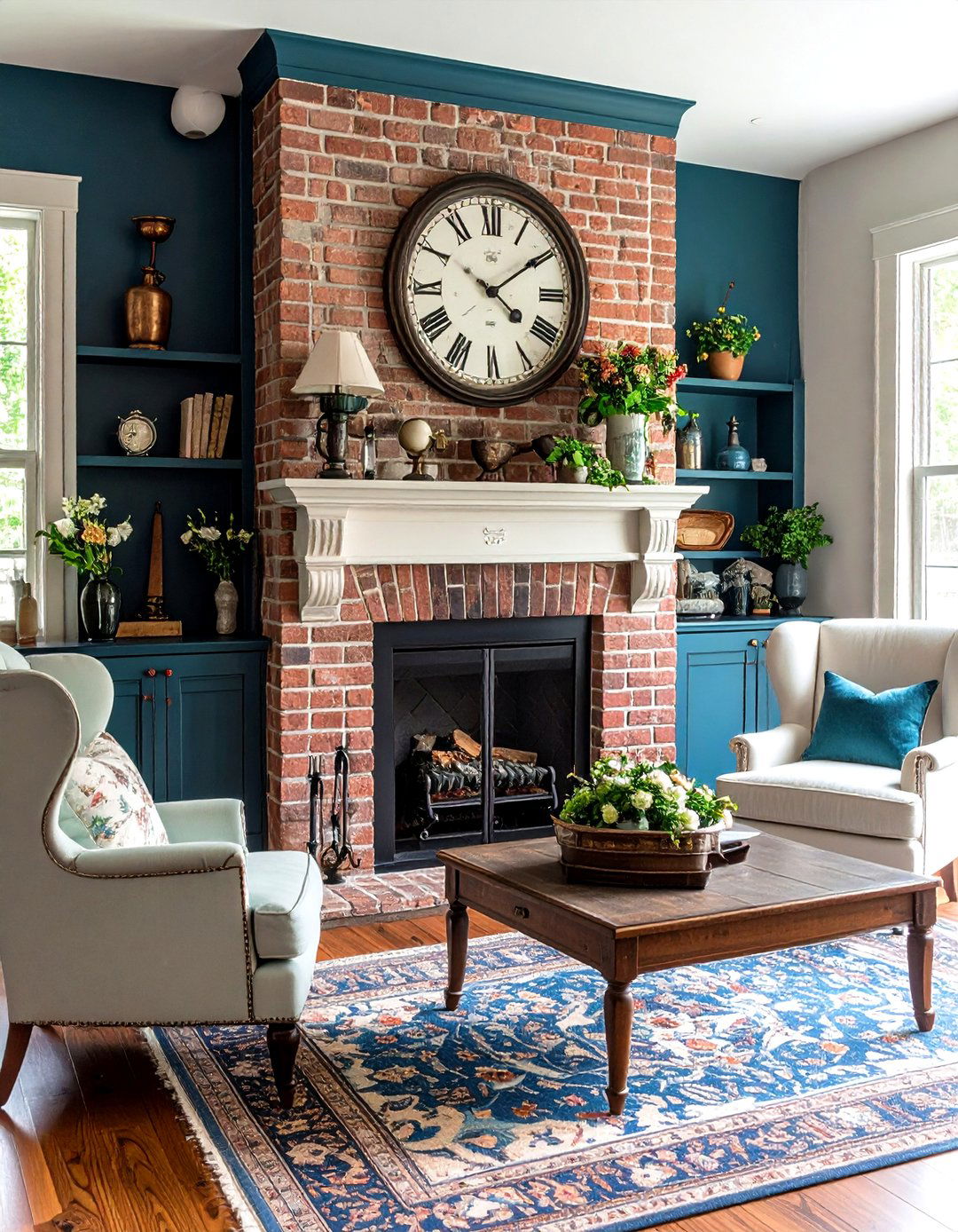Aged Patina Rustic Brick Fireplace with Vintage Accessories - 20 Rustic Brick Fireplace Ideas
