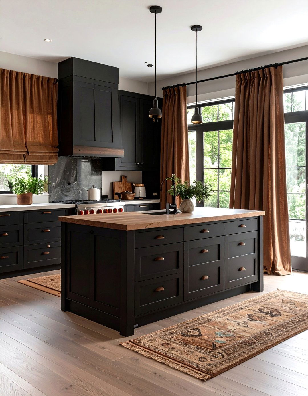 All Black Core Brown Textile Layer Kitchen - 20 Black and Brown Kitchen Ideas