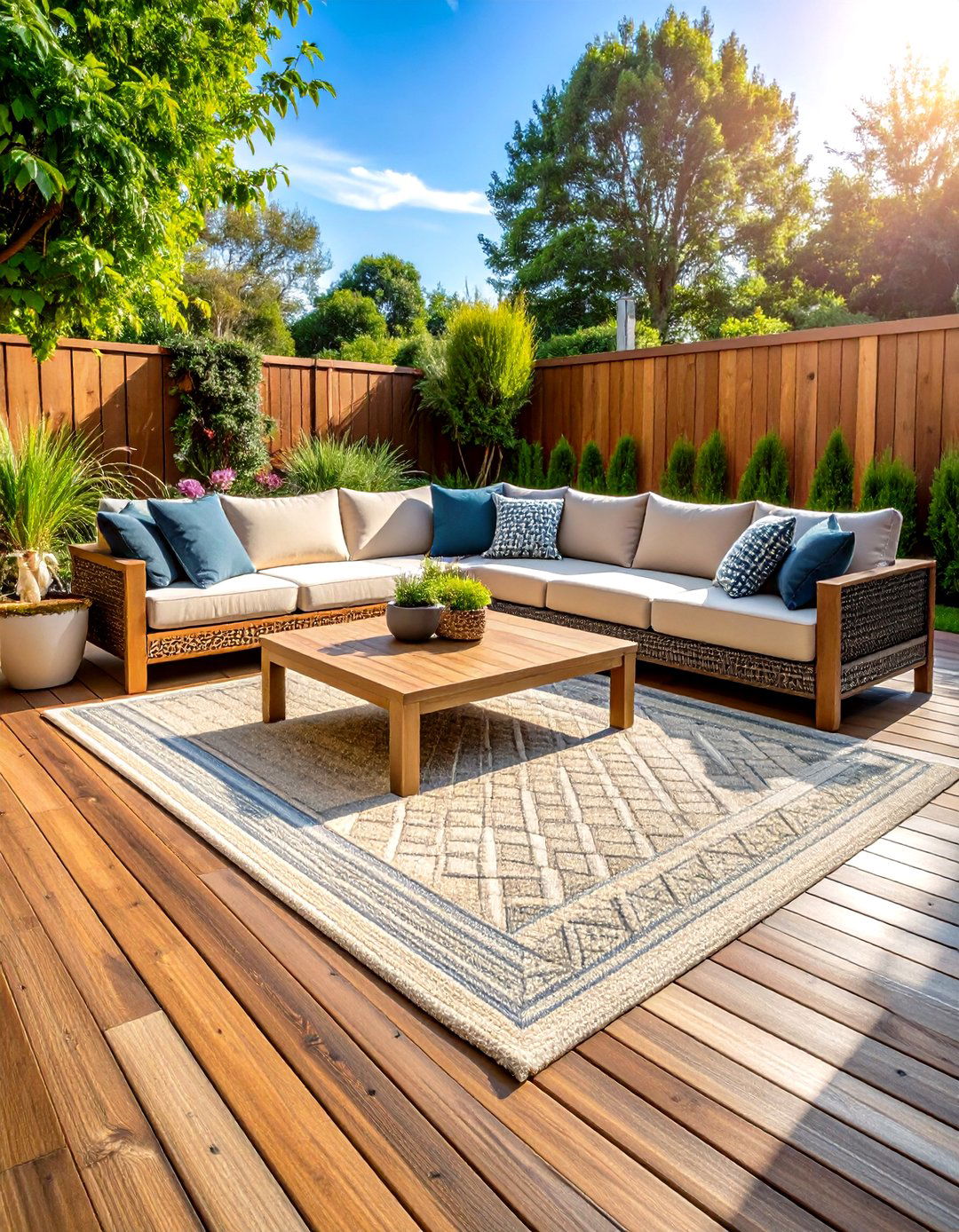 All Weather Rug and Floor Cushions Soften the Deck Surface - 20 Deck Furniture Ideas
