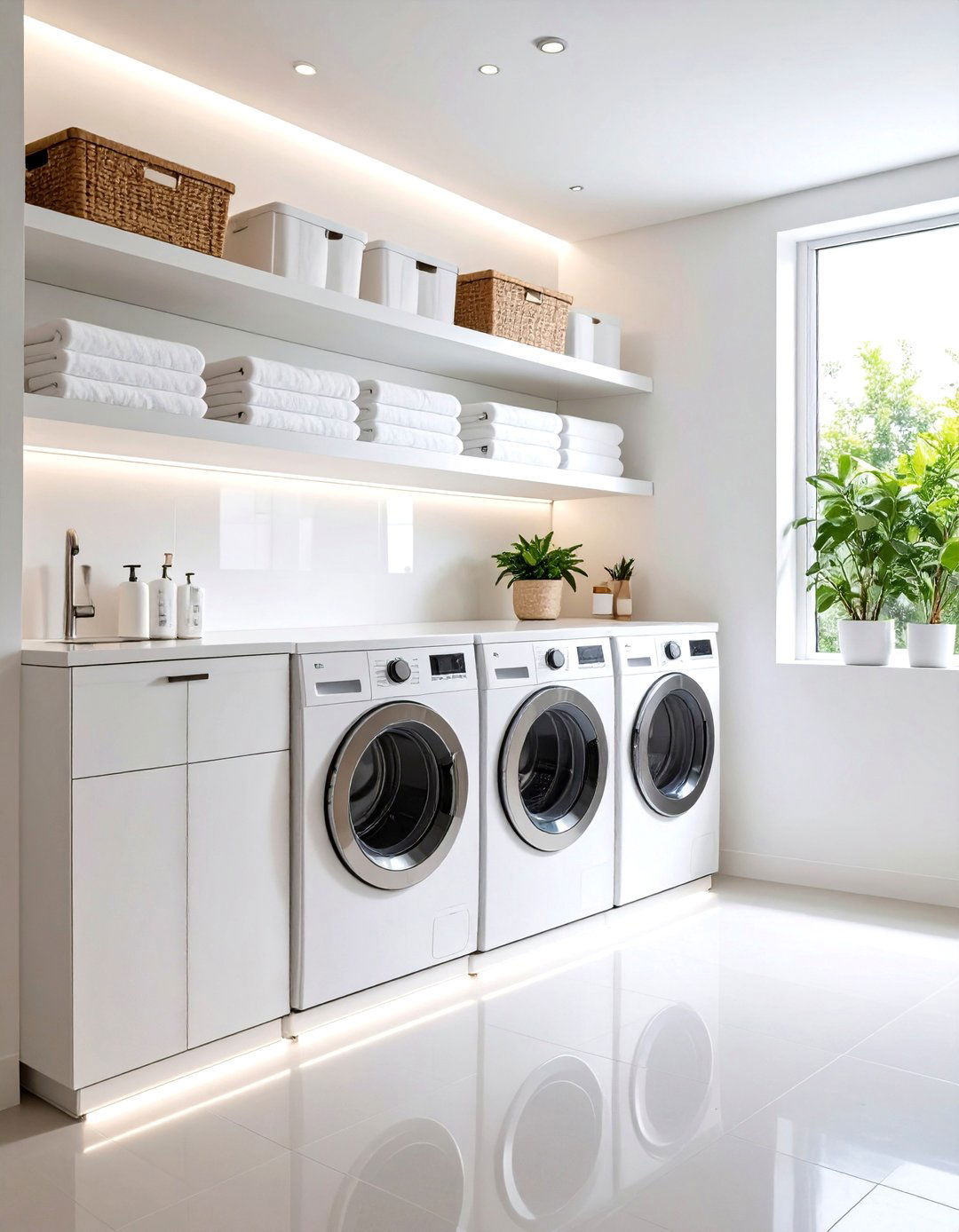All White Minimalist Laundry Room with Floating Shelves - 20 White Laundry Room Ideas