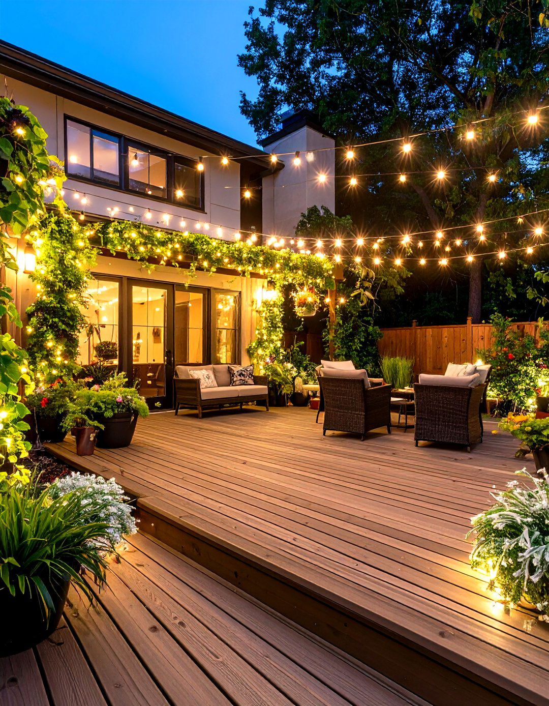 Ambient Deck Lighting with Trailing Vines - 20 Deck Decorating Ideas With Plant