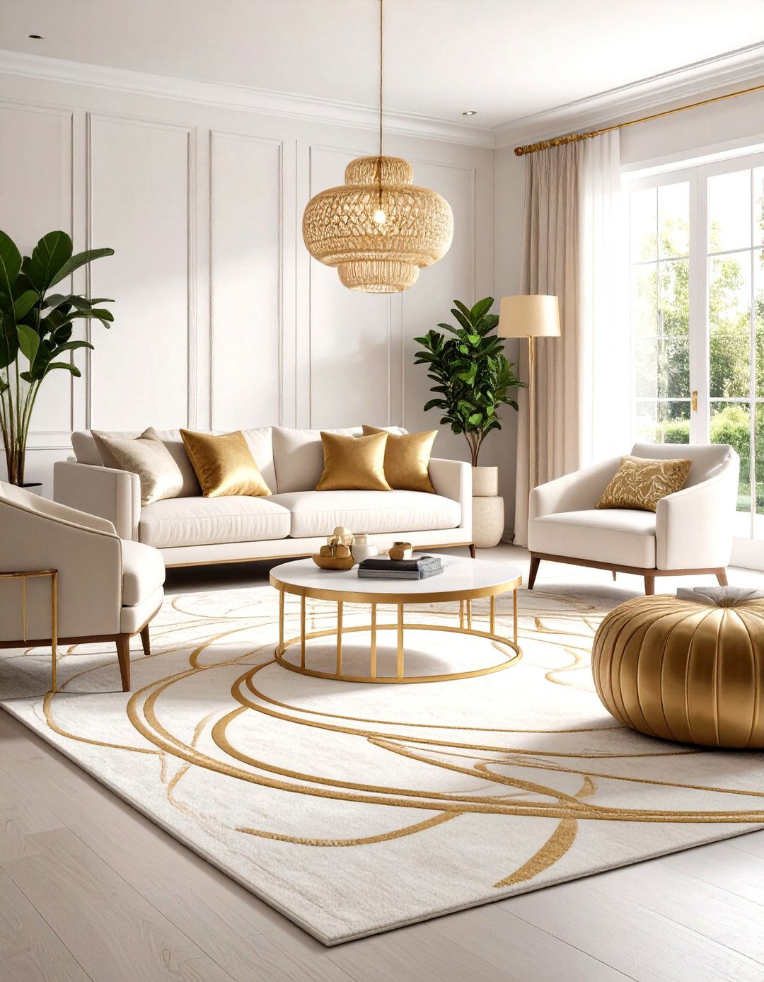 Anchor the Space With a Patterned Cream and Gold Rug - 20 Cream and Gold Living Room Ideas