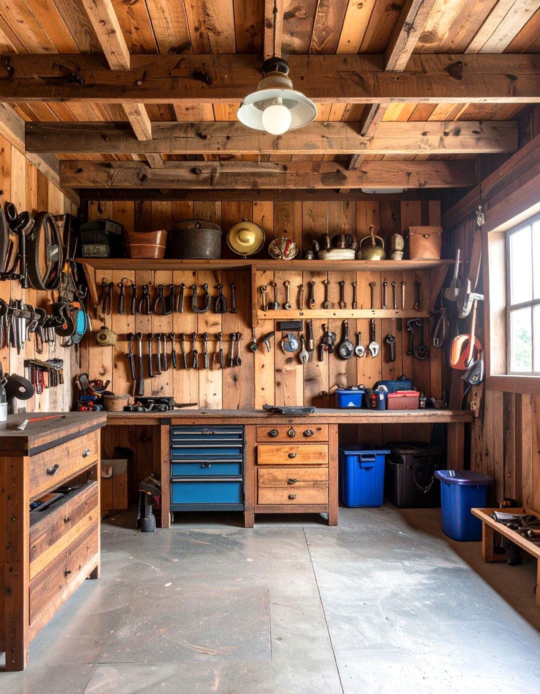 Antique Hardware Hooks for Rustic Garage Tool Storage - 20 Rustic Garage Ideas