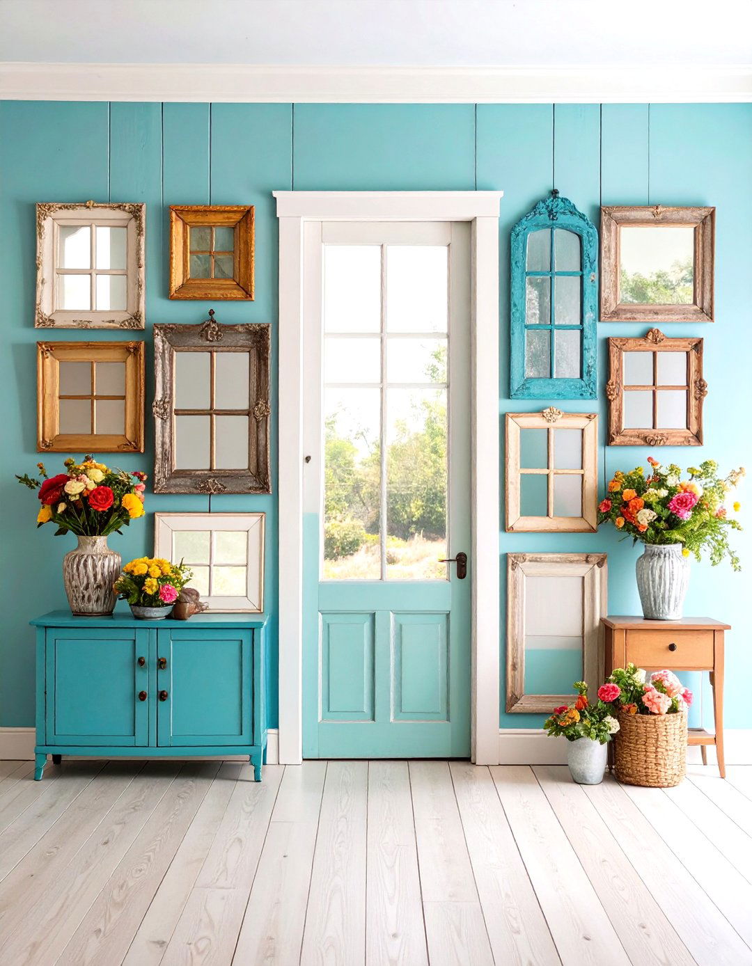 Antique Window Frame Display Wall - 20 Rustic Wall Decor Ideas