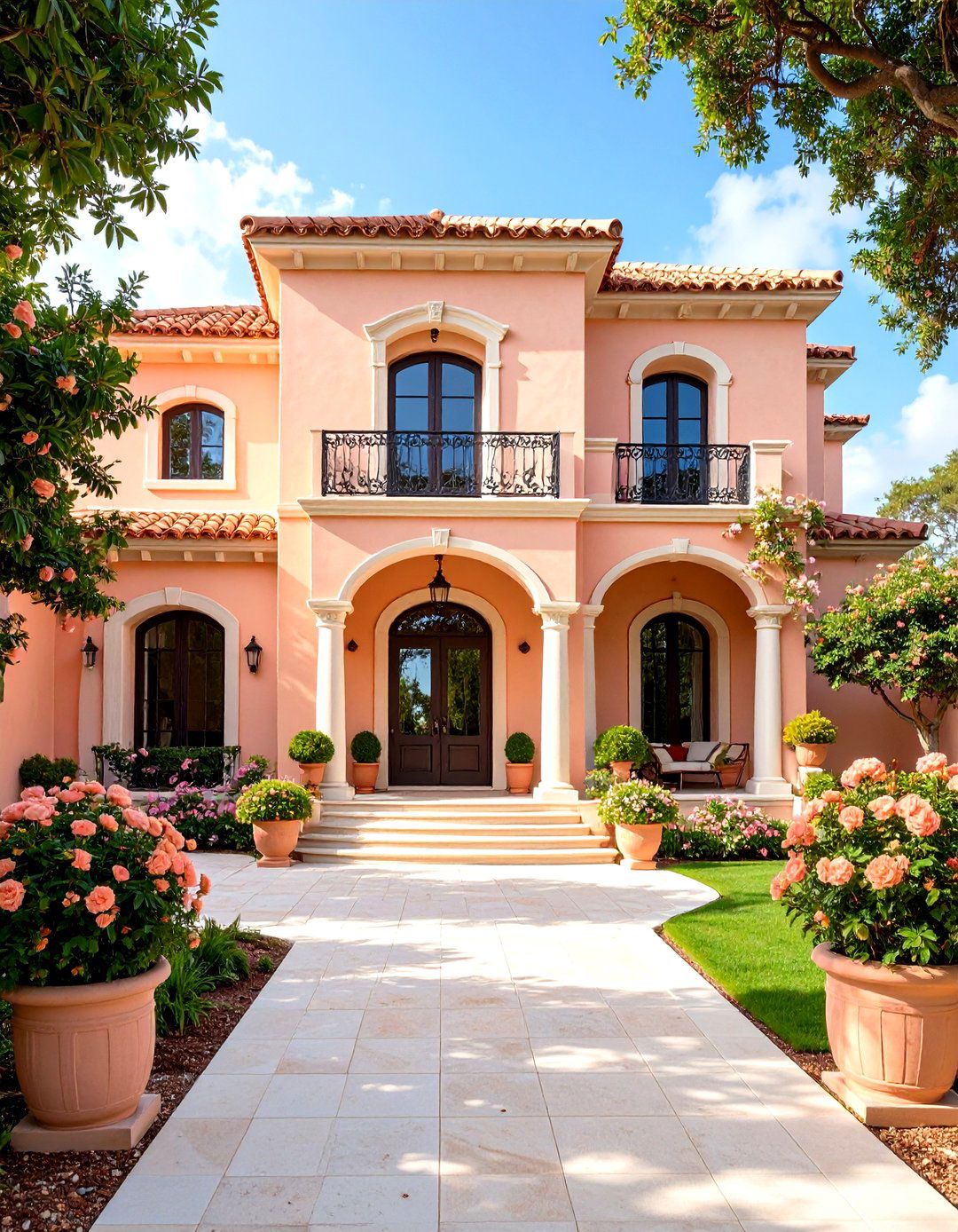Apricot Pink House Exterior with Cream Stucco Texture - 20 Pink House Exterior Ideas