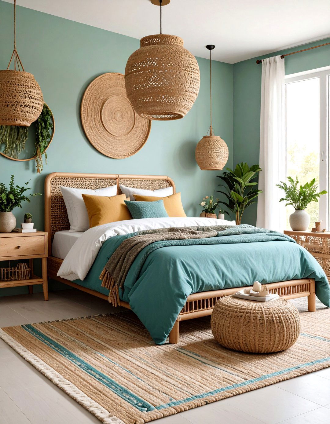 Aqua Blue and Sage Green Bedroom with Natural Textures - 20 blue and green bedroom ideas