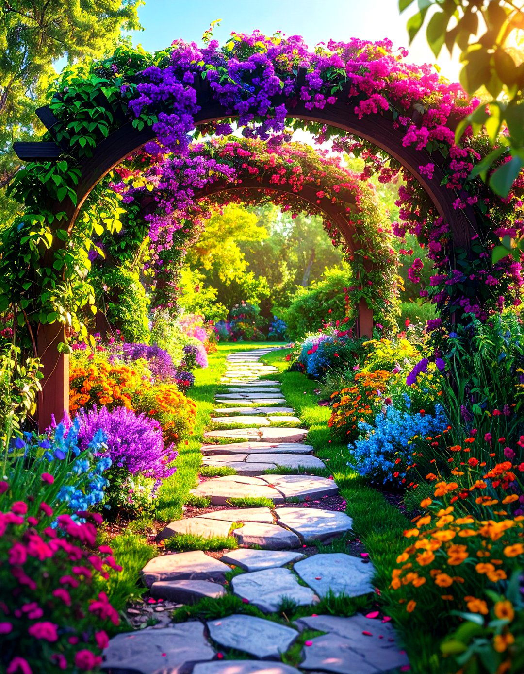 Arched Arbor and Stepping Stone Sequence - 20 Stepping Stone Walkway Ideas
