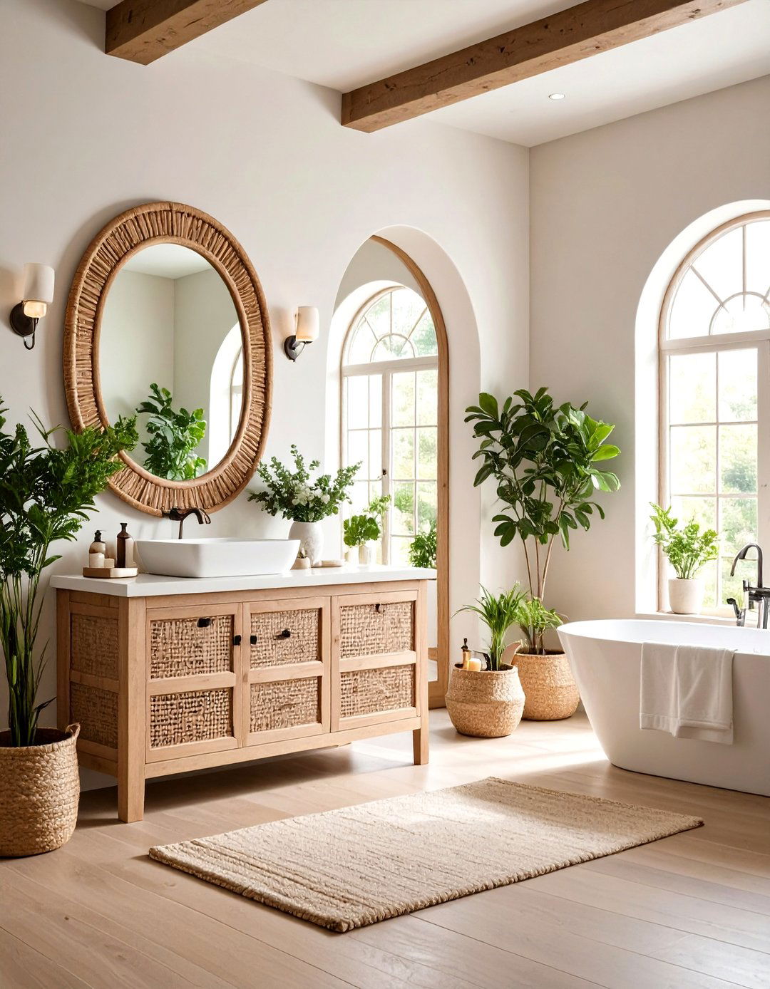 Arched Farmhouse Bathroom Mirrors with Natural Textures - 20 Farmhouse Bathroom Mirrors Ideas