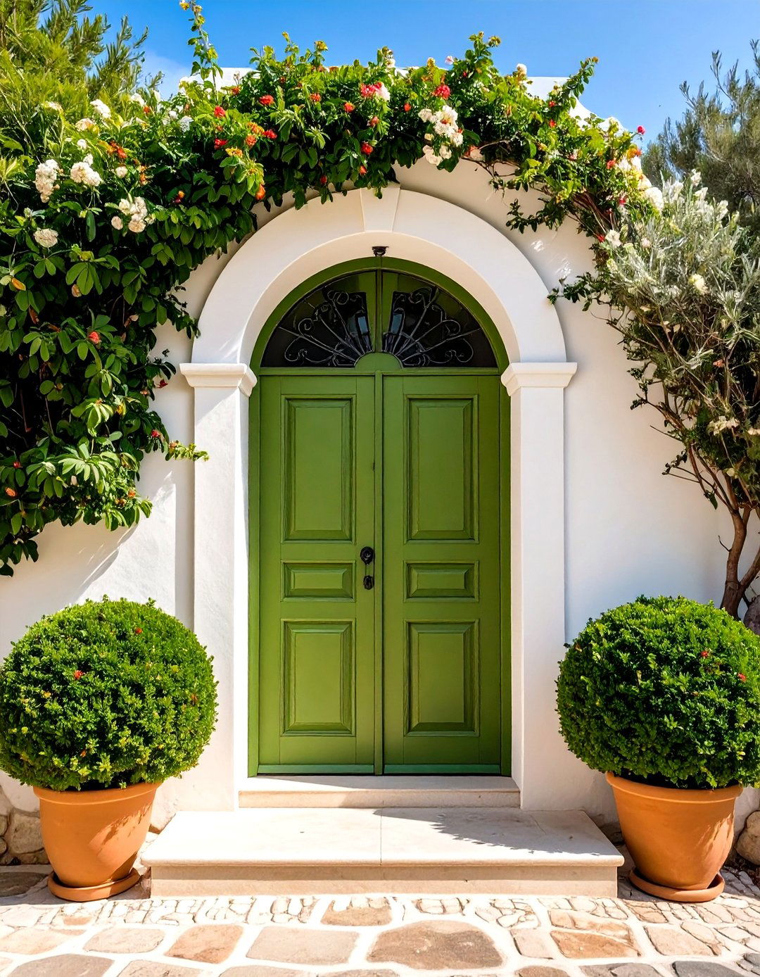 Arched Olive Green Front Door with Mediterranean Flair - 20 Olive Green Front Door Ideas