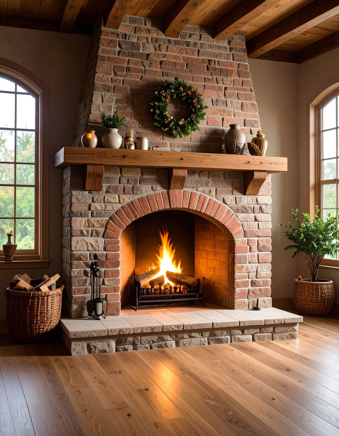 Arched Opening Fireplace with Rustic Brick - 20 Farmhouse Fireplace Ideas