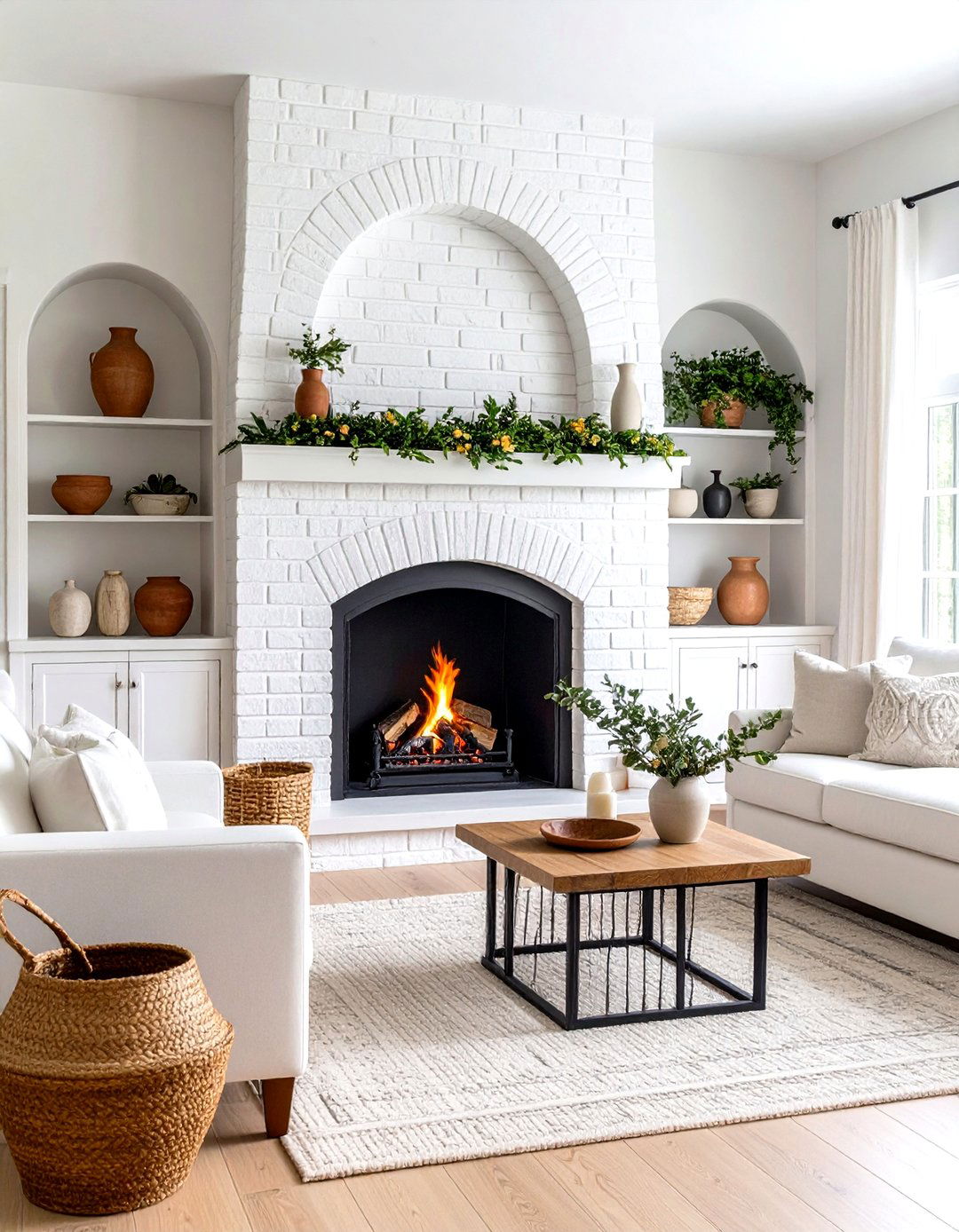 Arched White Brick Fireplace with Mediterranean Influence - 20 White Brick Fireplace Ideas
