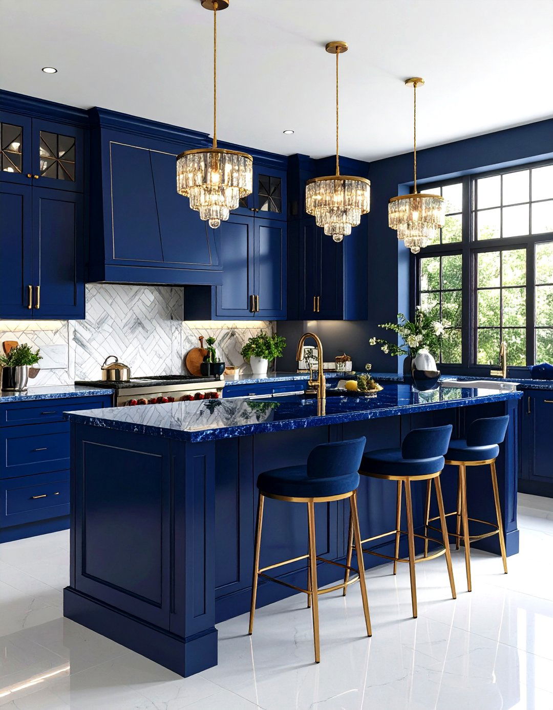 Art Deco Blue Glass Kitchen with Geometric Patterns - 20 kitchens with blue countertops