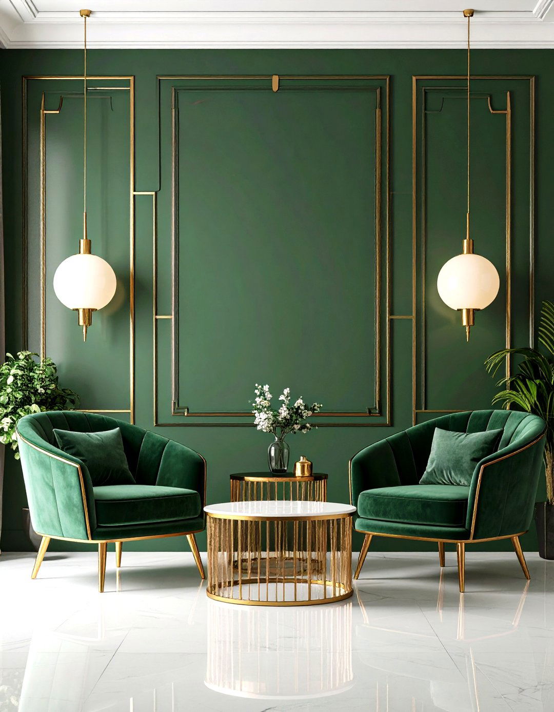 Art Deco Dark Green Accent Wall with Brass Trim - 20 Dark Green Accent Wall Ideas