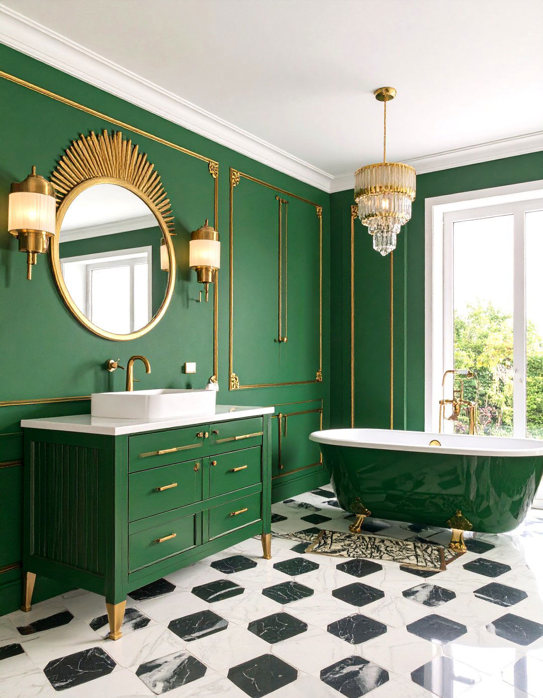 Art Deco Emerald Bathroom with Gold Geometry - 20 Green and Gold Bathroom Ideas