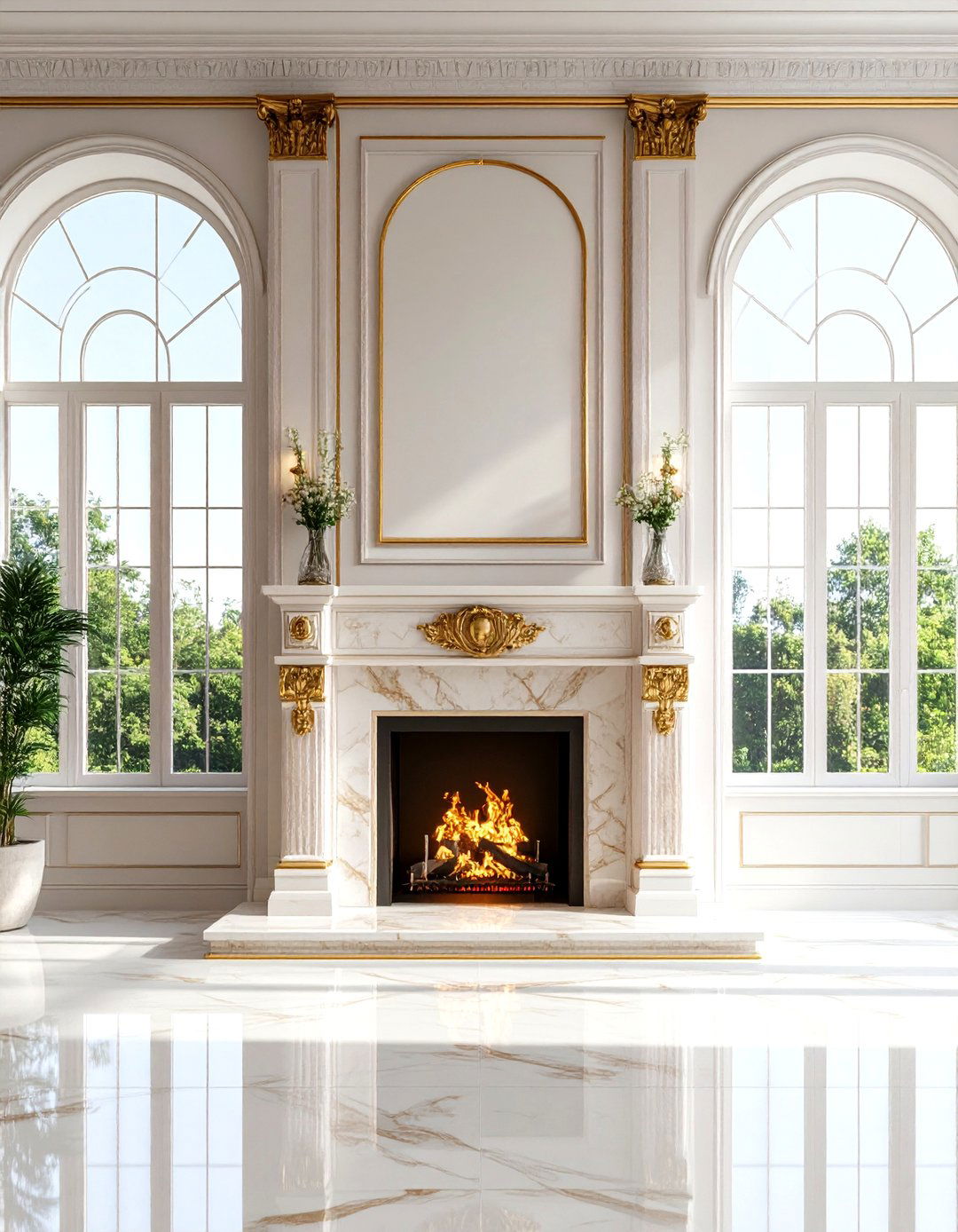 Art Deco Fireplace with Geometric Windows - 20 Fireplace Between Windows Ideas