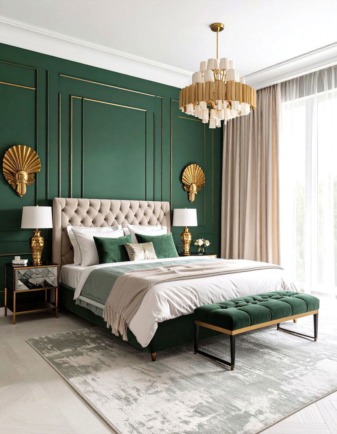 Art Deco Flair with Dark Green and Gold Lines - 20 Dark Green Bedroom Ideas
