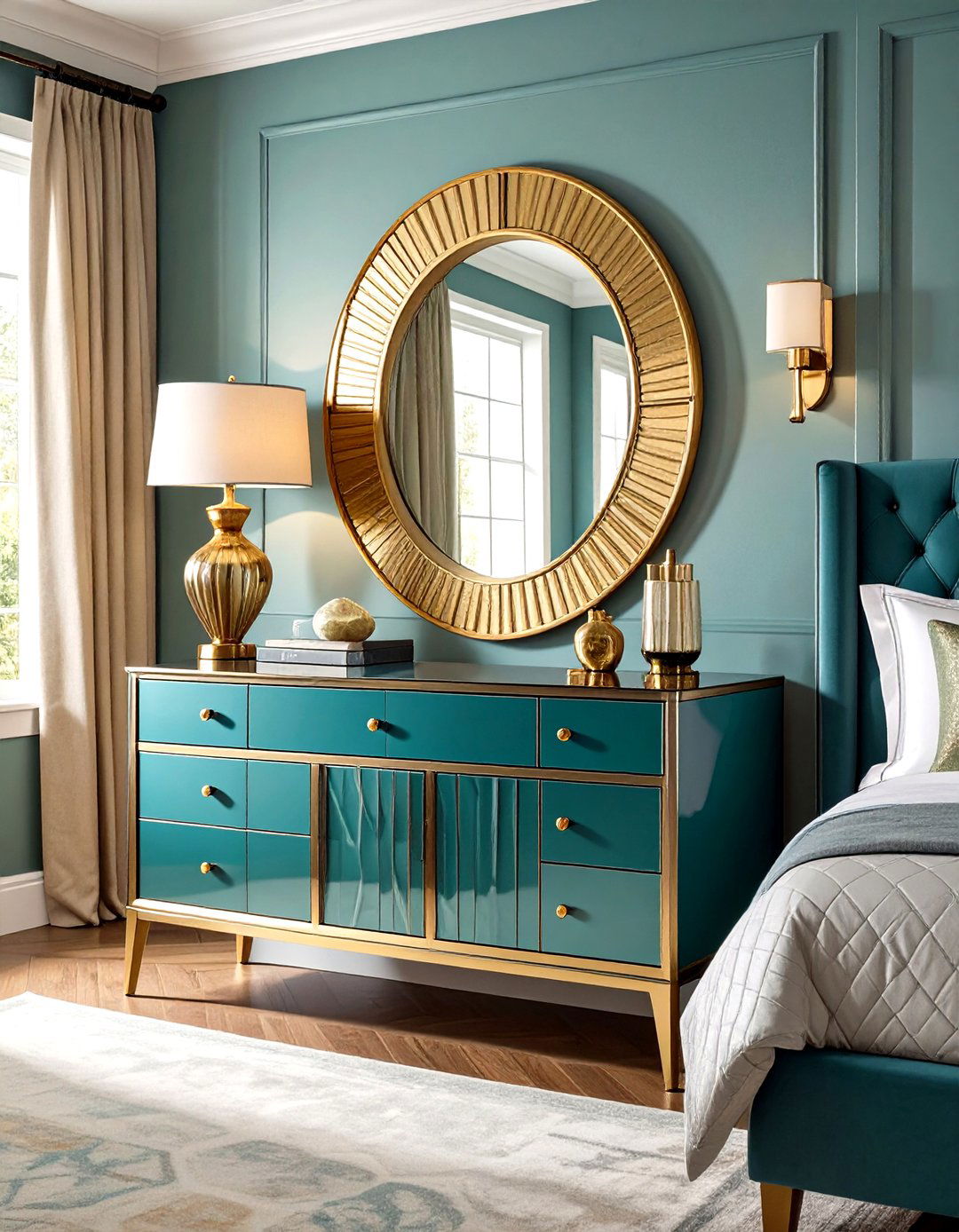 Art Deco Geometric Mirror Behind Nightstand Style - 20 Mirror Behind Nightstand Design Ideas