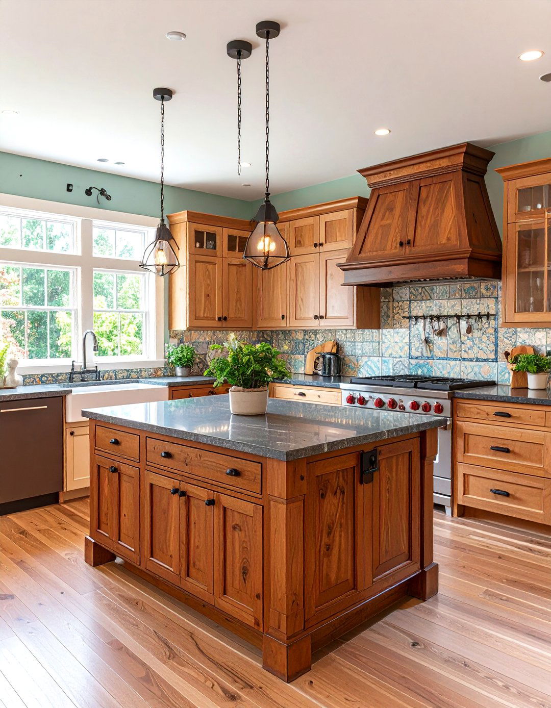 Art Deco Inspired Kitchen with Glossy Brown Cabinets and Black Marble Countertops - 20 kitchen with brown cabinets and black countertops ideas