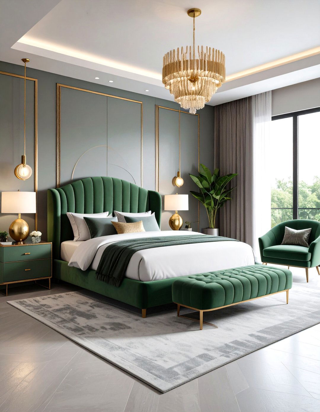 Art Deco Inspired Shapes and Lines - 20 Sage Green and Grey Bedroom Ideas