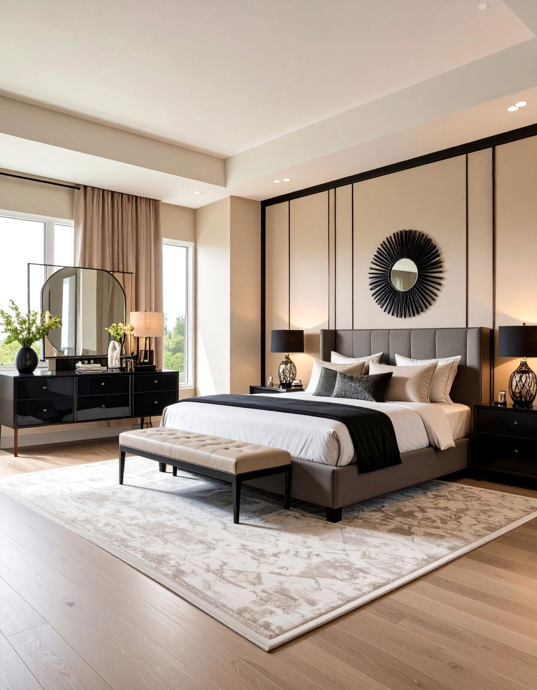 Art Deco Lines in Black on Beige - 20 Black and Beige Bedroom Design Ideas