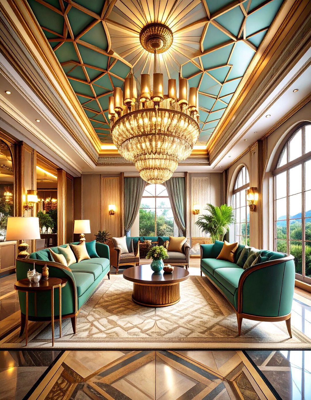 Art Deco Living Room False Ceiling with Geometric Metallic Accents - 20 Living Room False Ceiling Design Ideas
