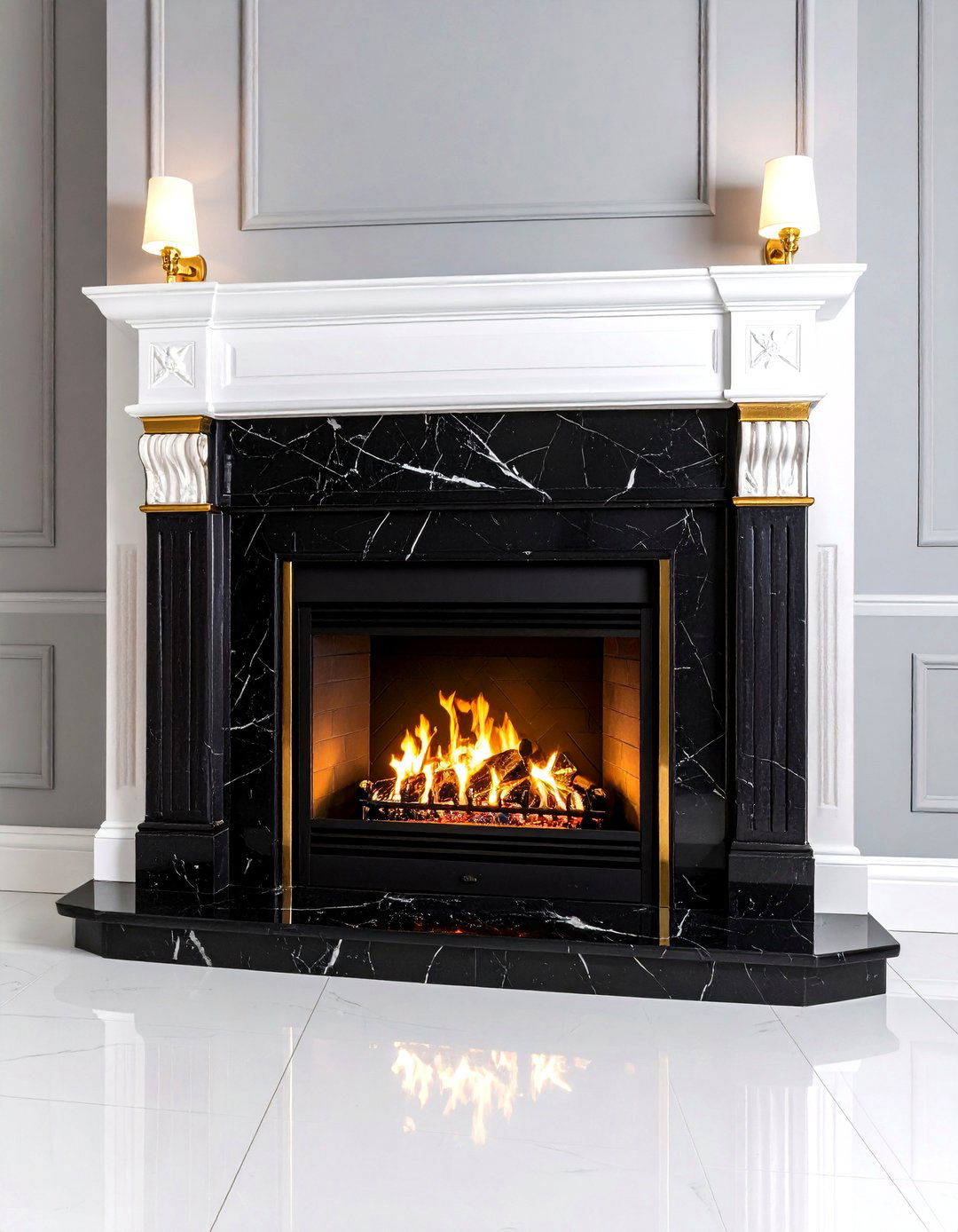 Art Deco Marble Meets Smooth White Plaster - 20 Black and White Fireplace Ideas