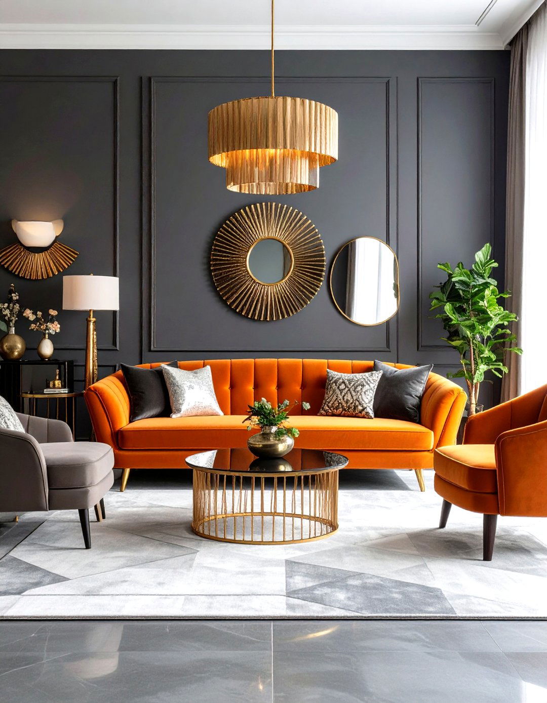 Art Deco Orange and Grey Living Room with Metallic Accents - 20 Orange and Grey Living Room Ideas