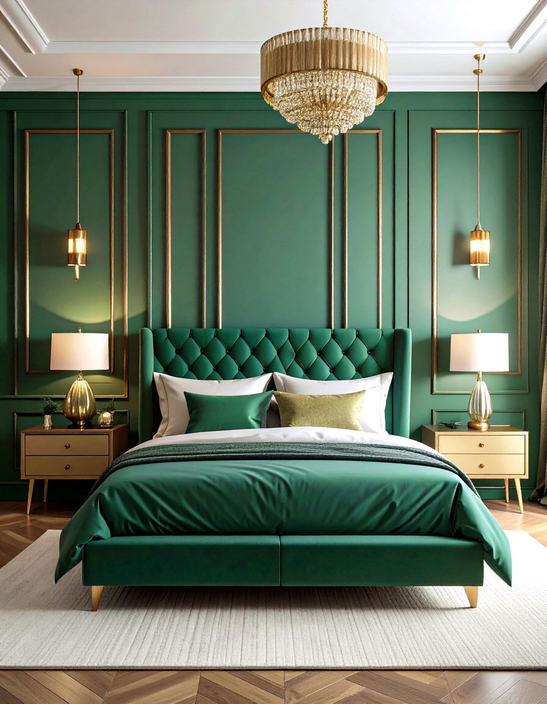 Art Deco Paneling in Emerald and Brushed Gold - 20 Emerald Green and Gold Bedroom Ideas